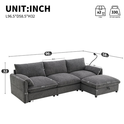 Canapé sectionnel en chenille avec pouf de rangement et poches, support de téléphone réglable, assise large, ensemble de canapé en L avec chargeur USB