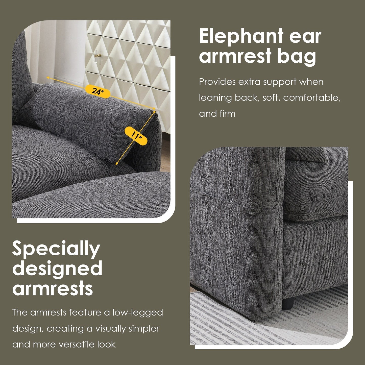 Canapé sectionnel en chenille avec pouf de rangement et poches, support de téléphone réglable, assise large, ensemble de canapé en L avec chargeur USB