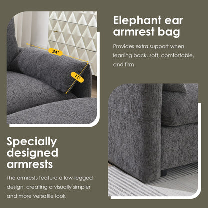 Canapé sectionnel en chenille avec pouf de rangement et poches, support de téléphone réglable, assise large, ensemble de canapé en L avec chargeur USB