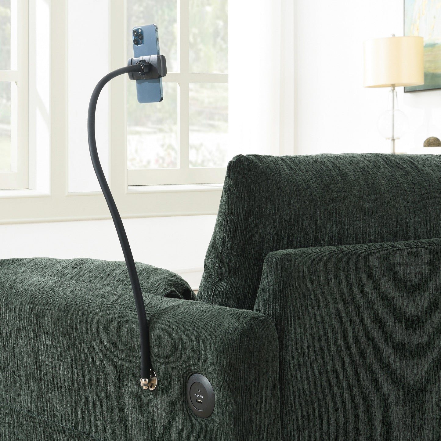 Canapé sectionnel en chenille avec pouf de rangement et poches, support de téléphone réglable, assise large, ensemble de canapé en L avec chargeur USB
