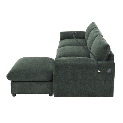 Canapé sectionnel en chenille avec pouf de rangement et poches, support de téléphone réglable, assise large, ensemble de canapé en L avec chargeur USB