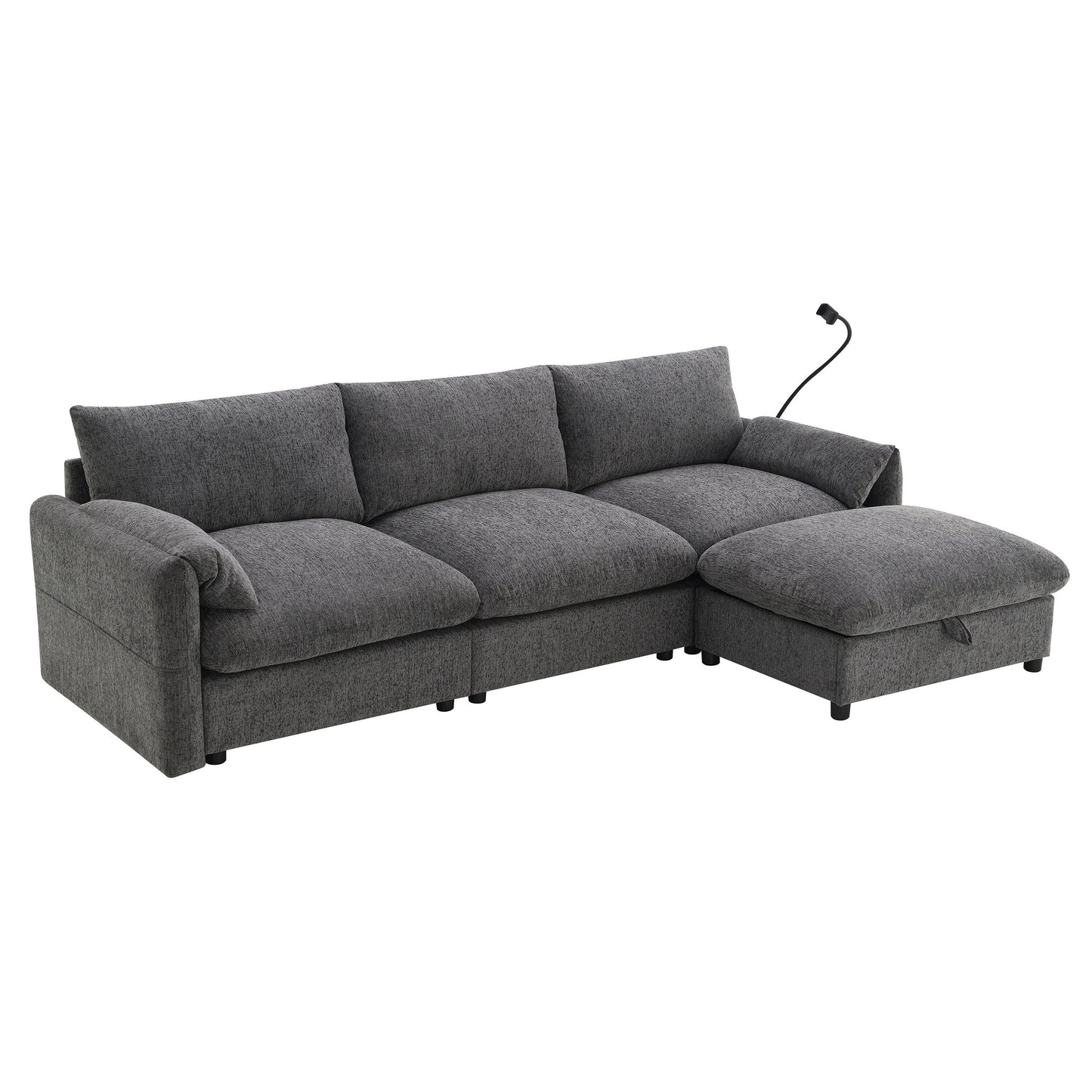 Canapé sectionnel en chenille avec pouf de rangement et poches, support de téléphone réglable, assise large, ensemble de canapé en L avec chargeur USB