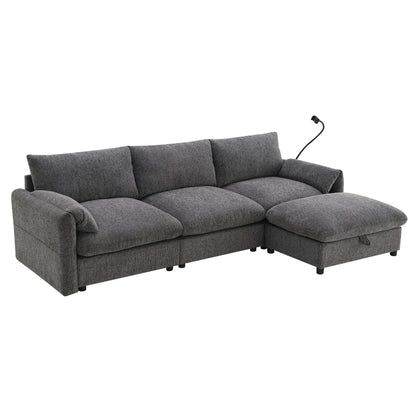 Canapé sectionnel en chenille avec pouf de rangement et poches, support de téléphone réglable, assise large, ensemble de canapé en L avec chargeur USB