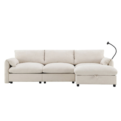 Canapé sectionnel en chenille avec pouf de rangement et poches, support de téléphone réglable, assise large, ensemble de canapé en L avec chargeur USB