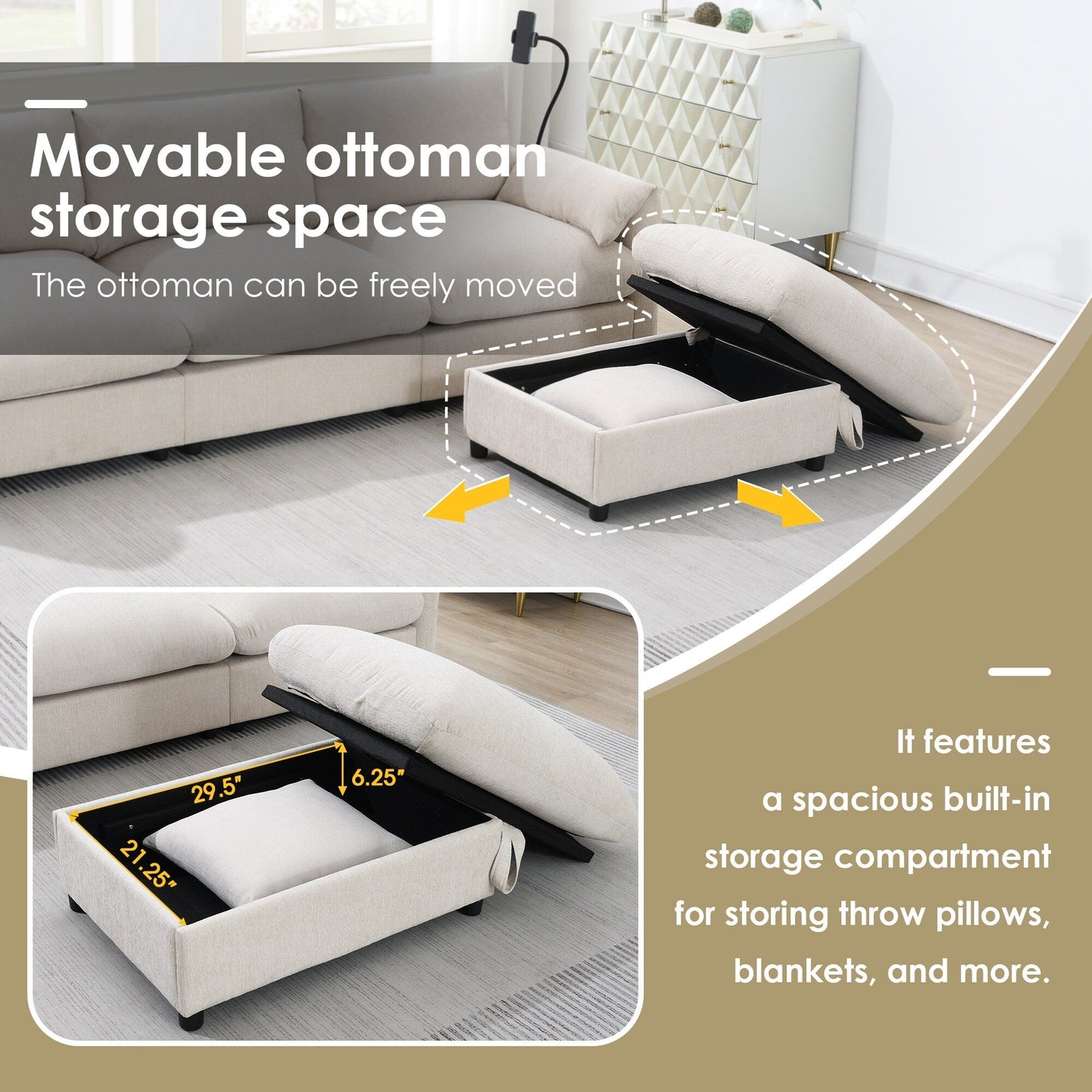 Canapé sectionnel en chenille avec pouf de rangement et poches, support de téléphone réglable, assise large, ensemble de canapé en L avec chargeur USB