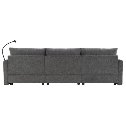 Canapé sectionnel en chenille avec pouf de rangement et poches, support de téléphone réglable, assise large, ensemble de canapé en L avec chargeur USB