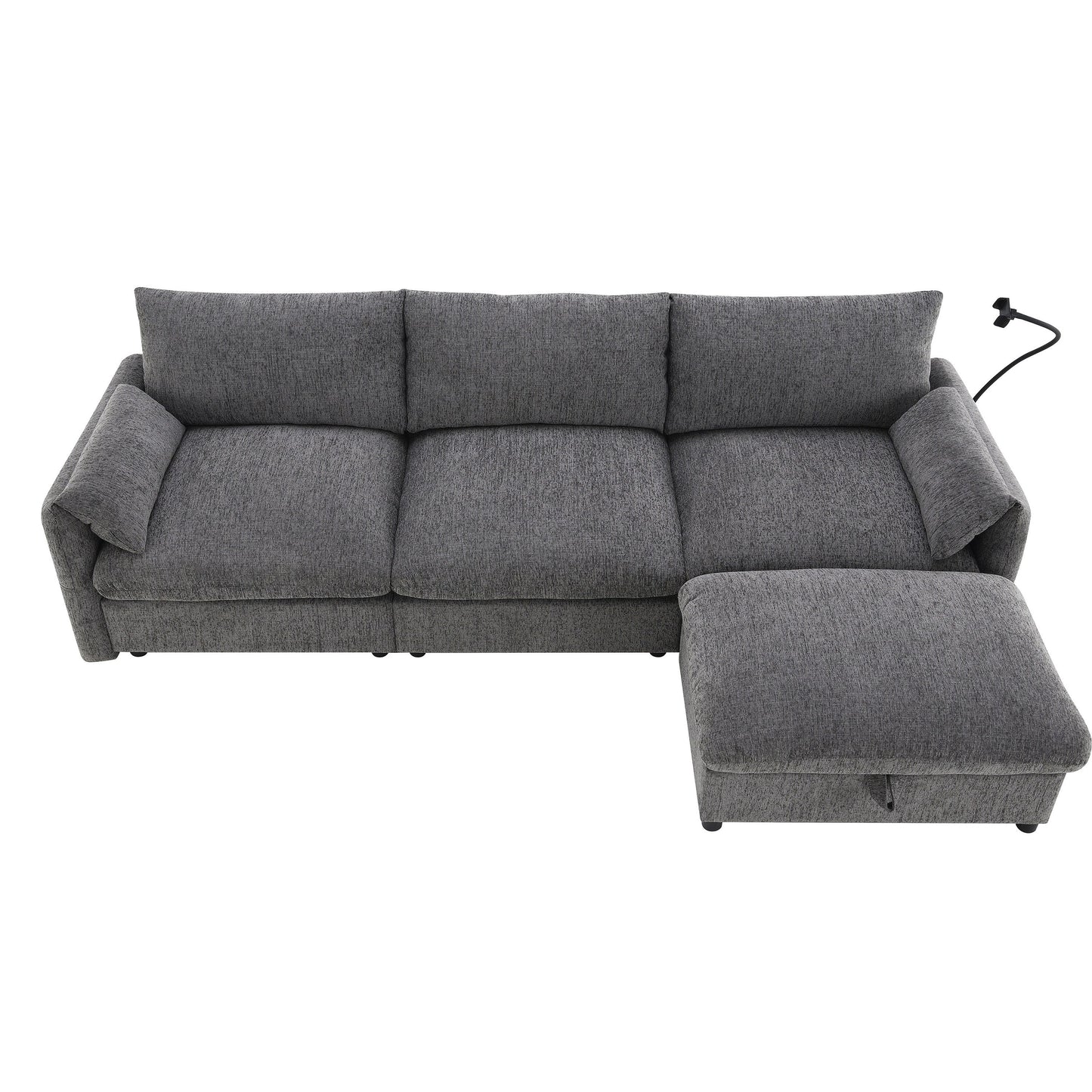 Canapé sectionnel en chenille avec pouf de rangement et poches, support de téléphone réglable, assise large, ensemble de canapé en L avec chargeur USB