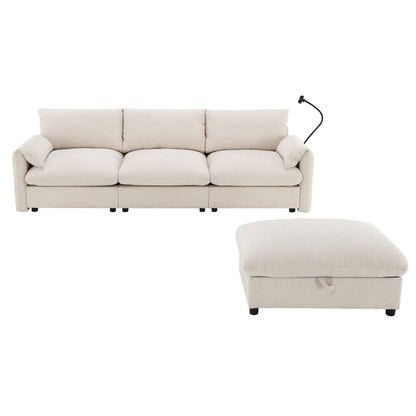 Canapé sectionnel en chenille avec pouf de rangement et poches, support de téléphone réglable, assise large, ensemble de canapé en L avec chargeur USB