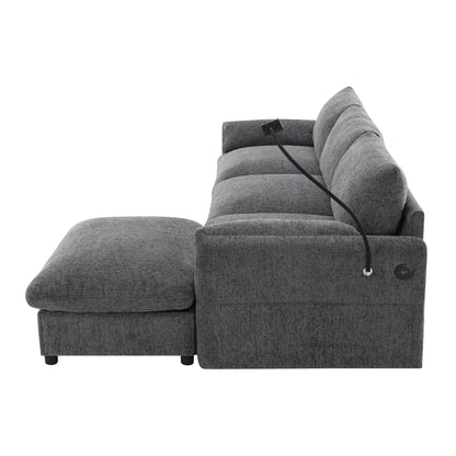 Canapé sectionnel en chenille avec pouf de rangement et poches, support de téléphone réglable, assise large, ensemble de canapé en L avec chargeur USB