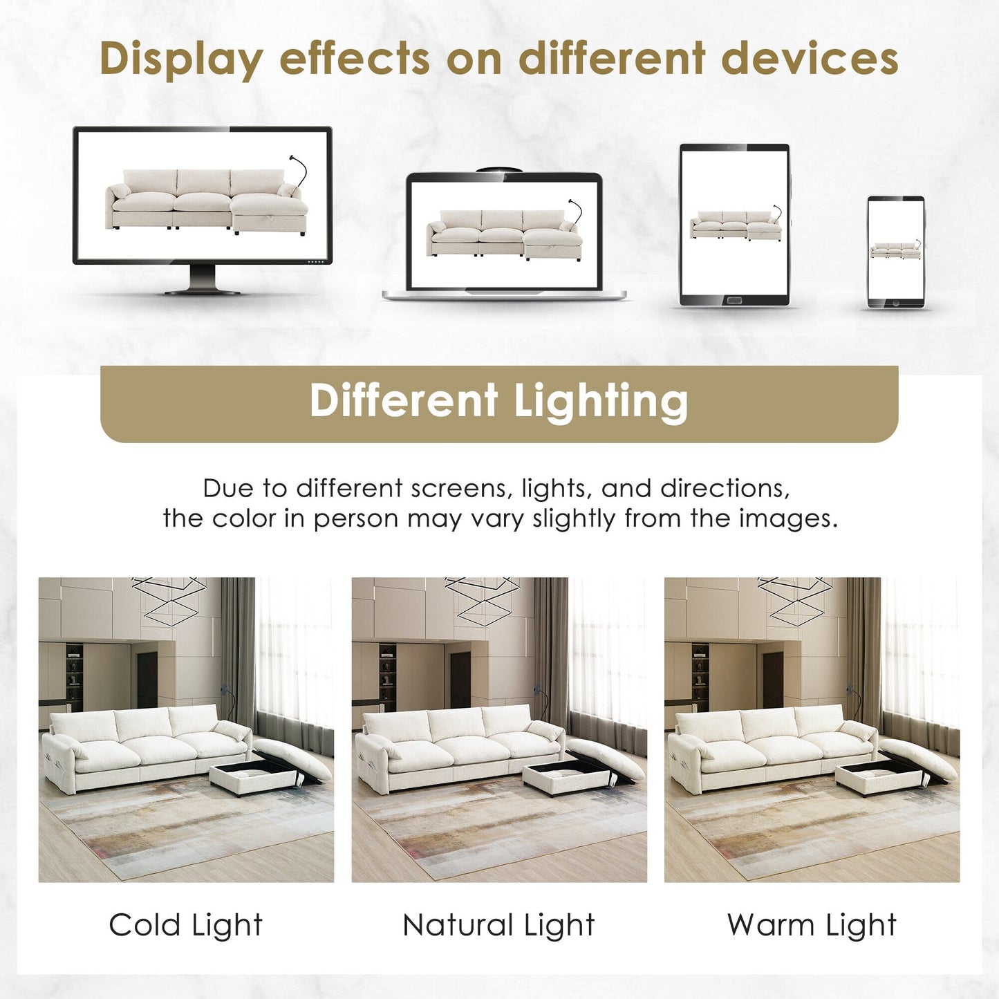 Canapé sectionnel en chenille avec pouf de rangement et poches, support de téléphone réglable, assise large, ensemble de canapé en L avec chargeur USB