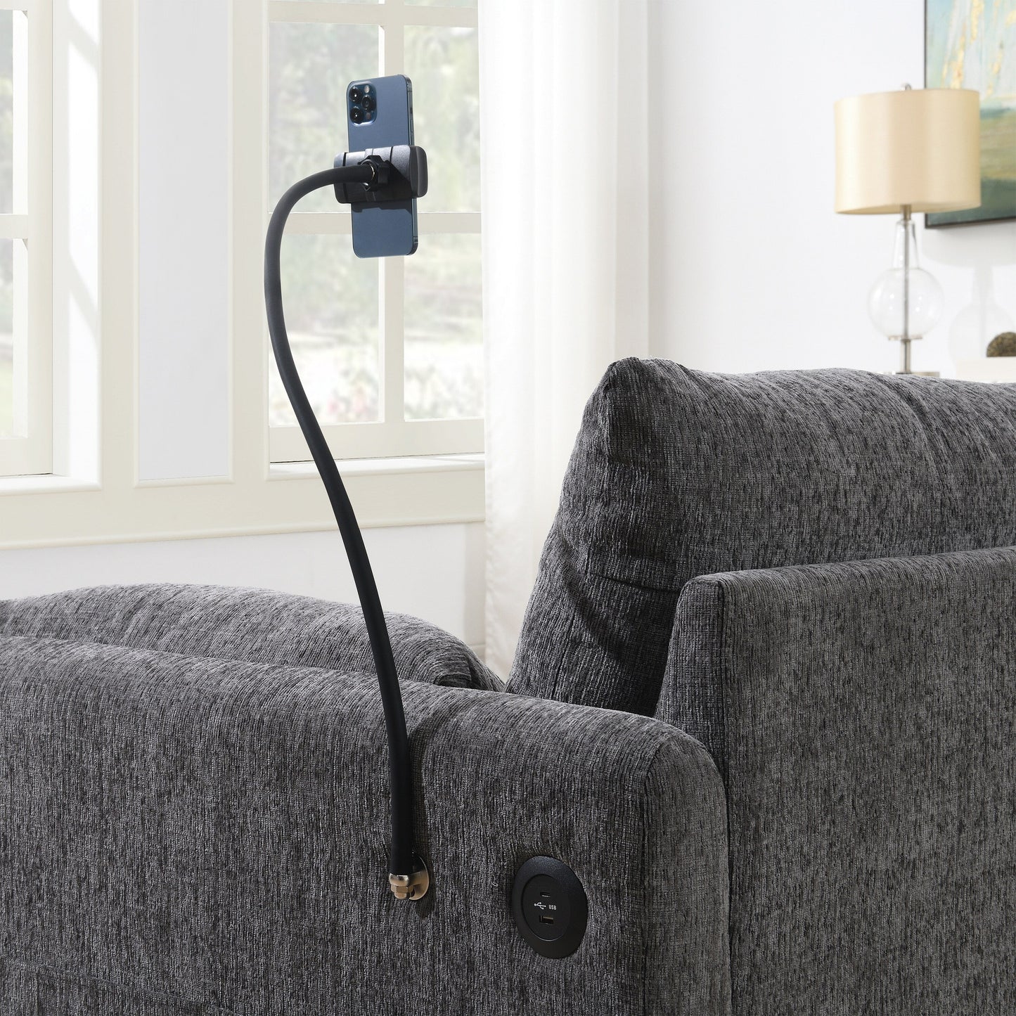 Canapé sectionnel en chenille avec pouf de rangement et poches, support de téléphone réglable, assise large, ensemble de canapé en L avec chargeur USB
