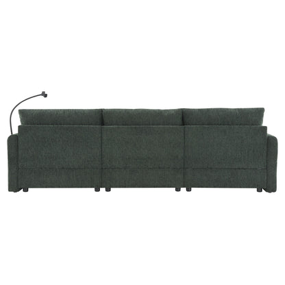 Canapé sectionnel en chenille avec pouf de rangement et poches, support de téléphone réglable, assise large, ensemble de canapé en L avec chargeur USB