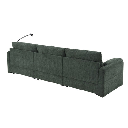 Canapé sectionnel en chenille avec pouf de rangement et poches, support de téléphone réglable, assise large, ensemble de canapé en L avec chargeur USB