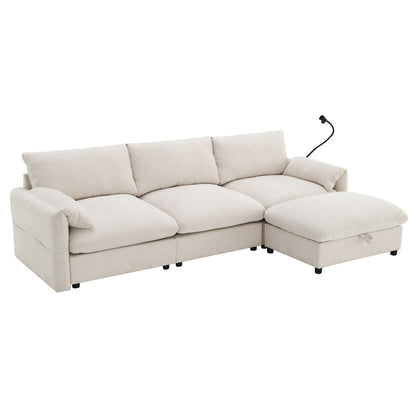 Canapé sectionnel en chenille avec pouf de rangement et poches, support de téléphone réglable, assise large, ensemble de canapé en L avec chargeur USB