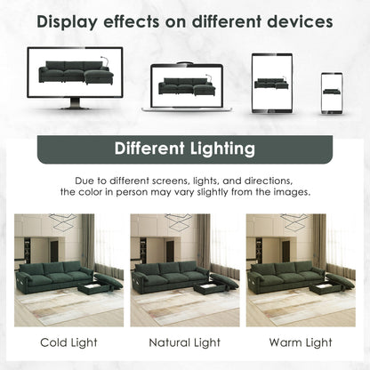 Canapé sectionnel en chenille avec pouf de rangement et poches, support de téléphone réglable, assise large, ensemble de canapé en L avec chargeur USB