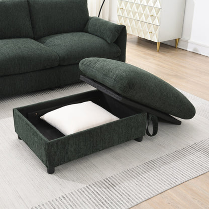 Canapé sectionnel en chenille avec pouf de rangement et poches, support de téléphone réglable, assise large, ensemble de canapé en L avec chargeur USB