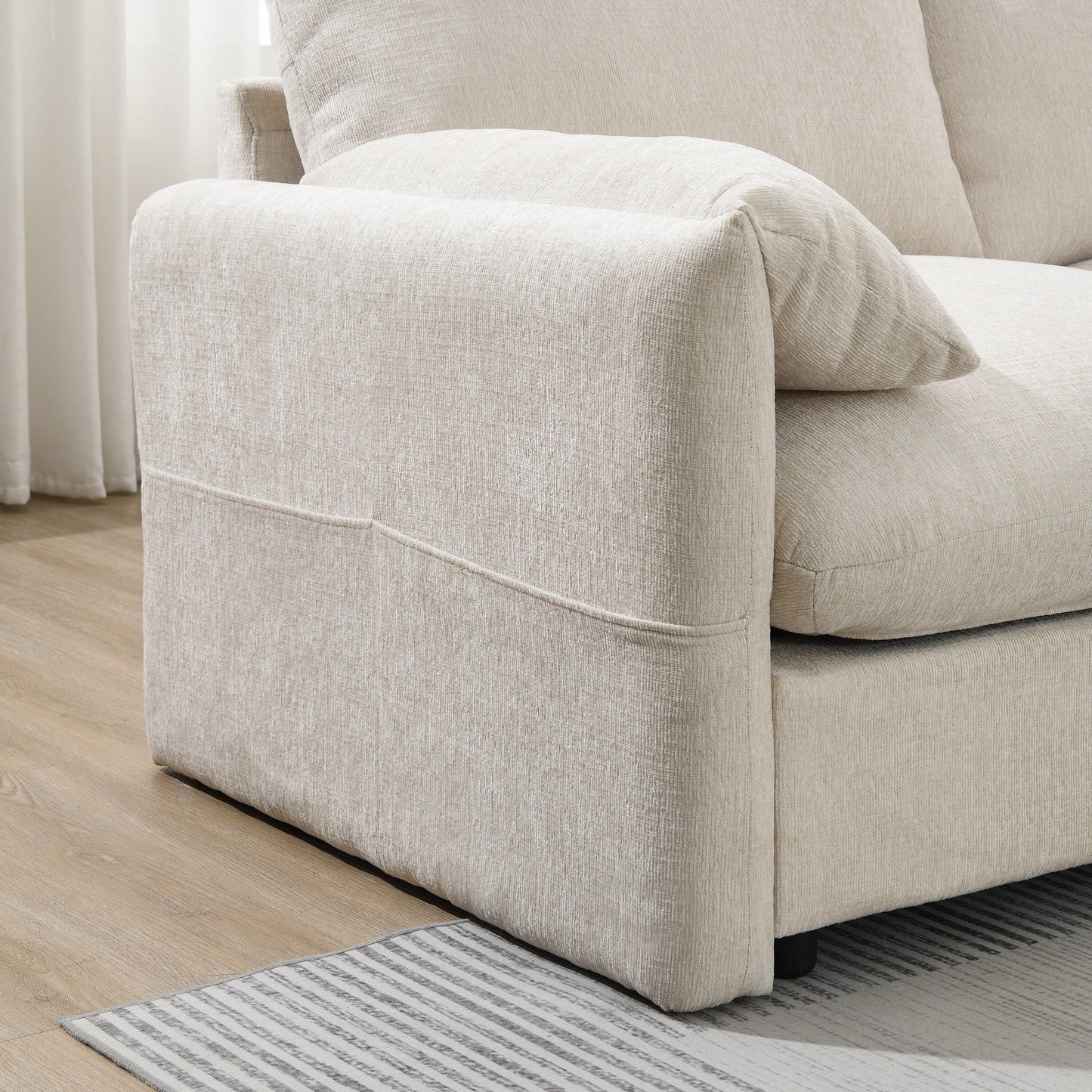 Canapé sectionnel en chenille avec pouf de rangement et poches, support de téléphone réglable, assise large, ensemble de canapé en L avec chargeur USB