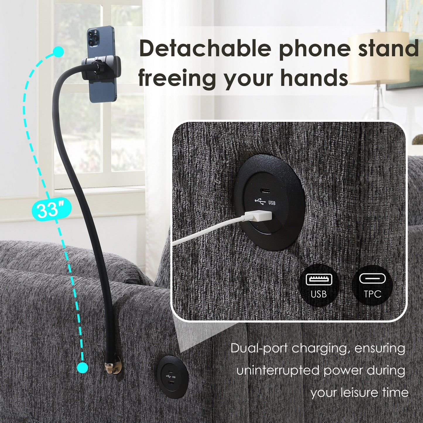 Canapé sectionnel en chenille avec pouf de rangement et poches, support de téléphone réglable, assise large, ensemble de canapé en L avec chargeur USB