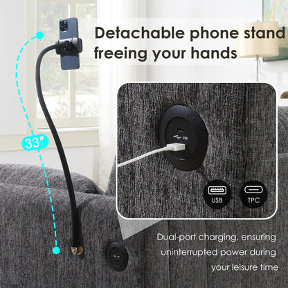 Canapé sectionnel en chenille avec pouf de rangement et poches, support de téléphone réglable, assise large, ensemble de canapé en L avec chargeur USB