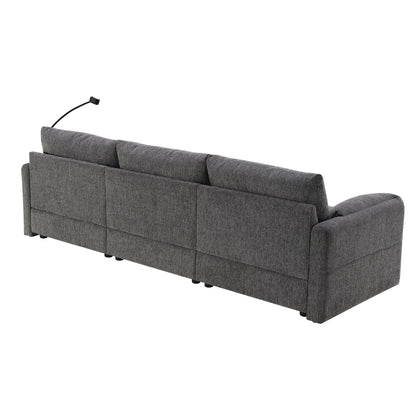 Canapé sectionnel en chenille avec pouf de rangement et poches, support de téléphone réglable, assise large, ensemble de canapé en L avec chargeur USB