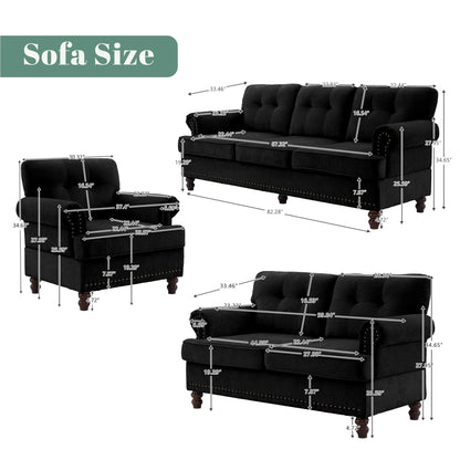 Ensemble de 3 canapés en chenille pour salon, capitonnés et cloutés, pieds en hévéa massif