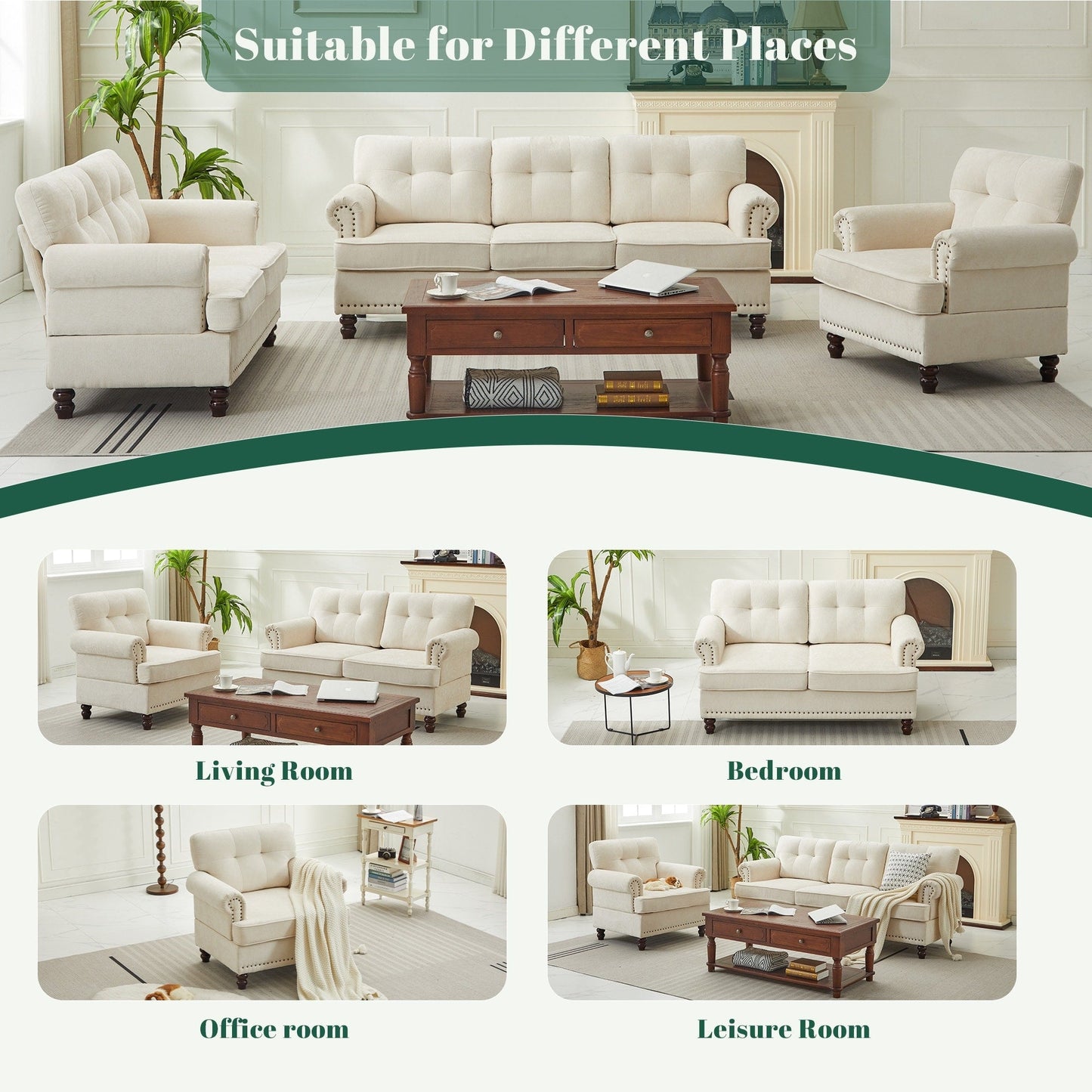 Ensemble de 3 canapés en chenille pour salon, capitonnés et cloutés, pieds en hévéa massif