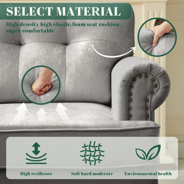 Ensemble de 3 canapés en chenille pour salon, capitonnés et cloutés, pieds en hévéa massif