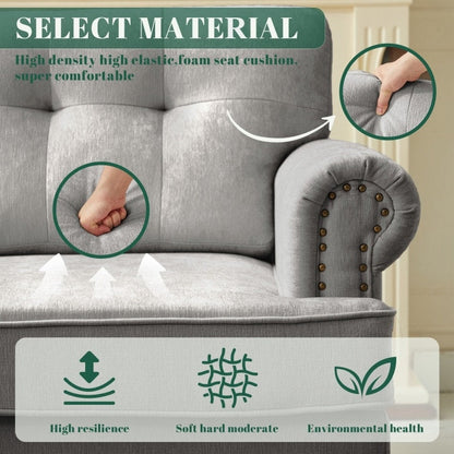 Ensemble de 3 canapés en chenille pour salon, capitonnés et cloutés, pieds en hévéa massif