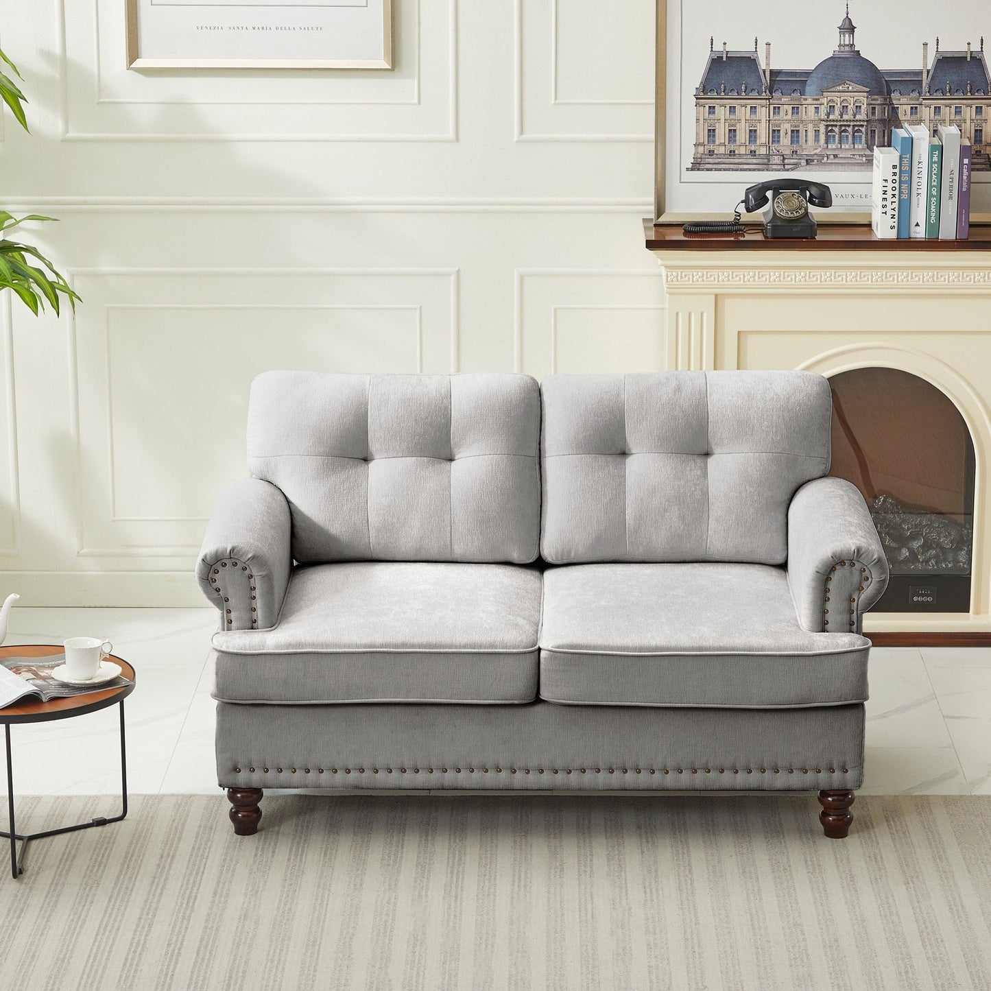 Ensemble de 3 canapés en chenille pour salon, capitonnés et cloutés, pieds en hévéa massif