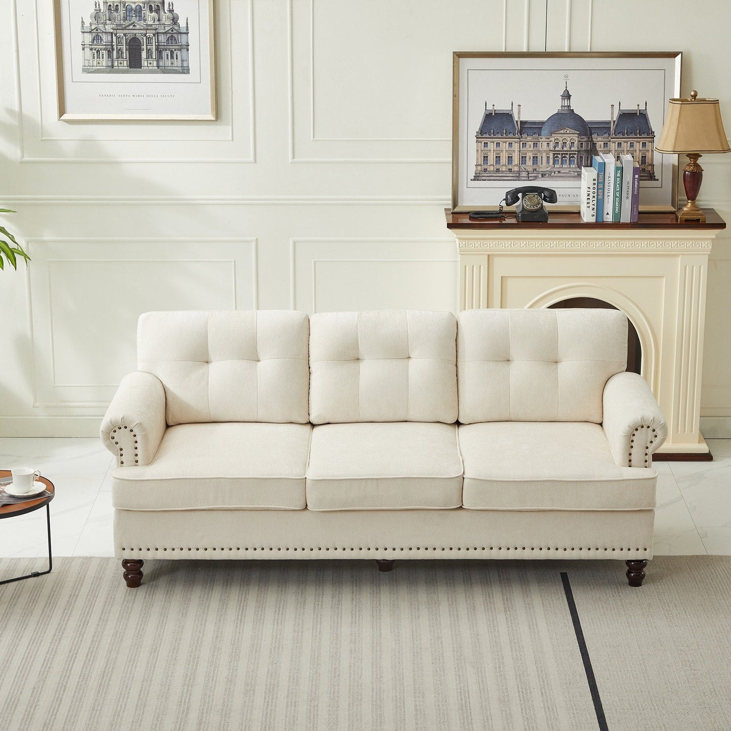 Ensemble de 3 canapés en chenille pour salon, capitonnés et cloutés, pieds en hévéa massif