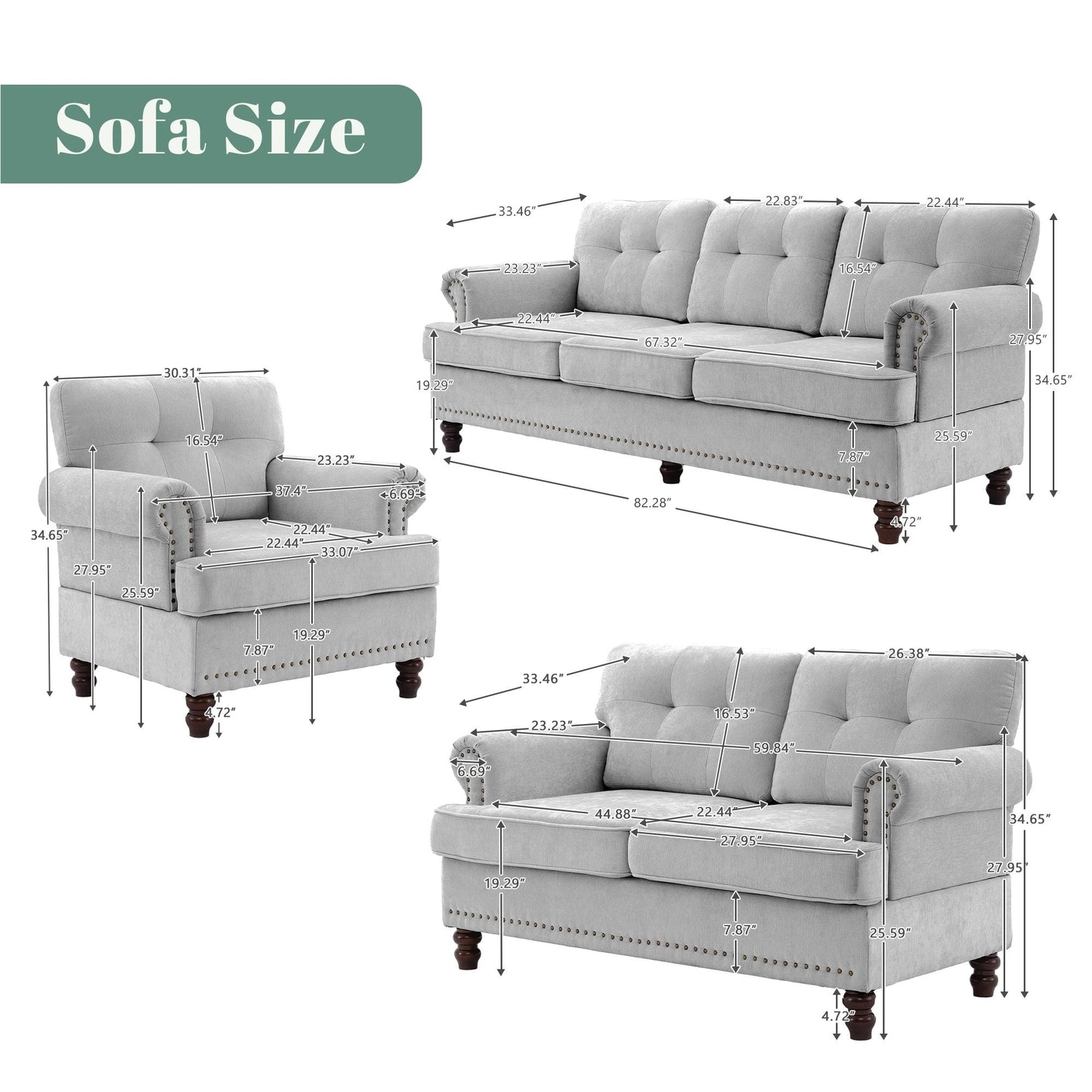 Ensemble de 3 canapés en chenille pour salon, capitonnés et cloutés, pieds en hévéa massif