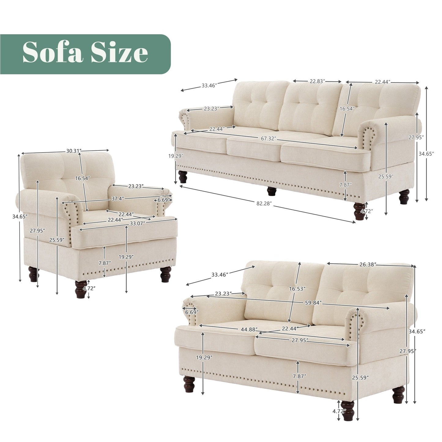 Ensemble de 3 canapés en chenille pour salon, capitonnés et cloutés, pieds en hévéa massif