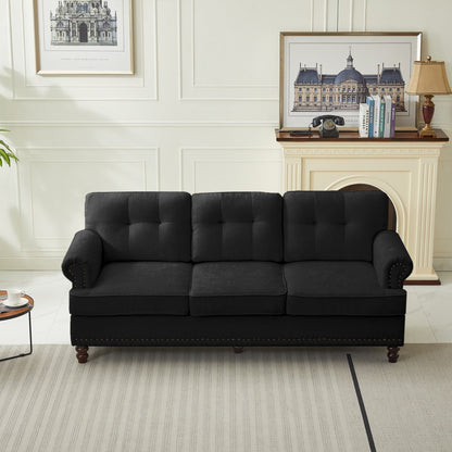 Ensemble de 3 canapés en chenille pour salon, capitonnés et cloutés, pieds en hévéa massif