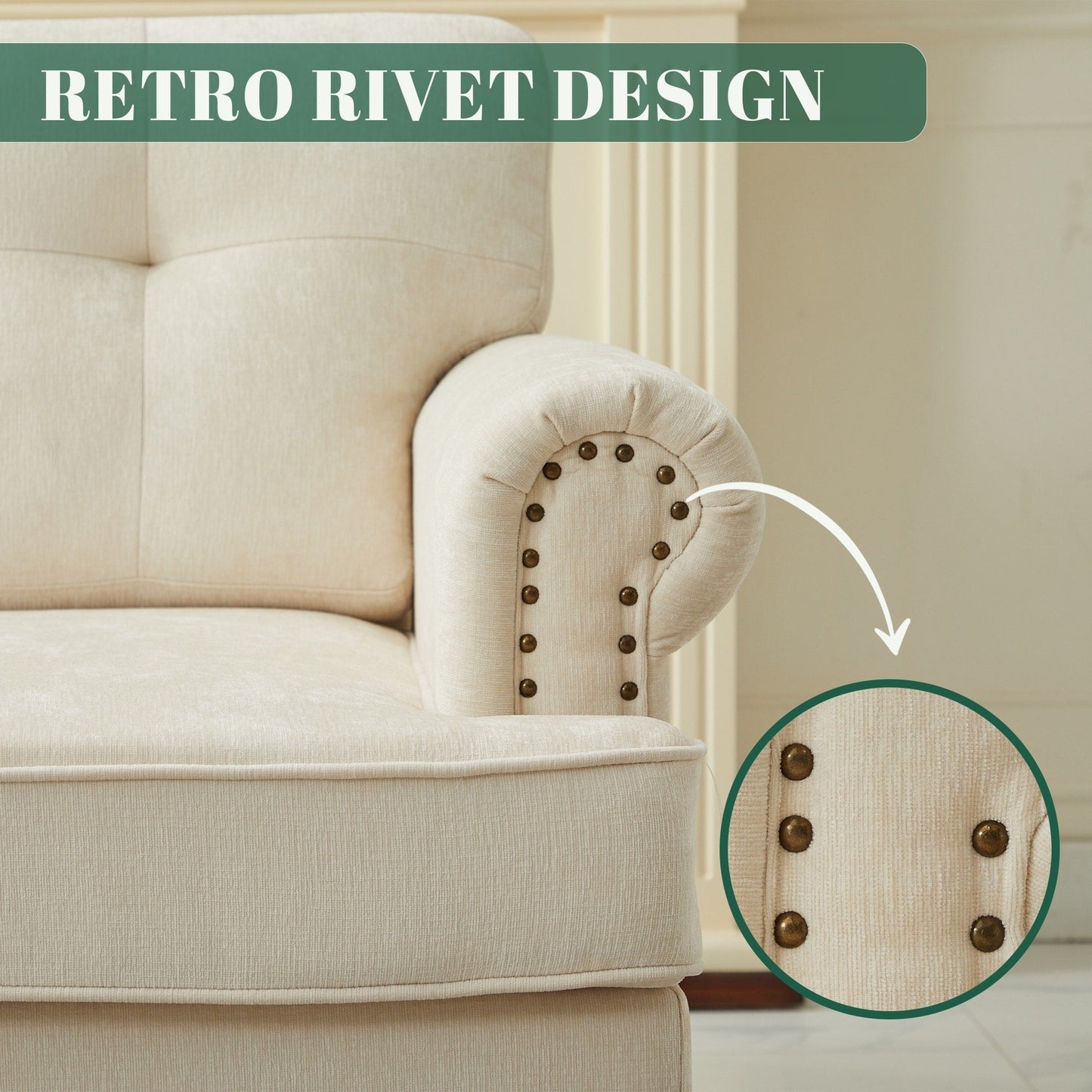 Ensemble de 3 canapés en chenille pour salon, capitonnés et cloutés, pieds en hévéa massif