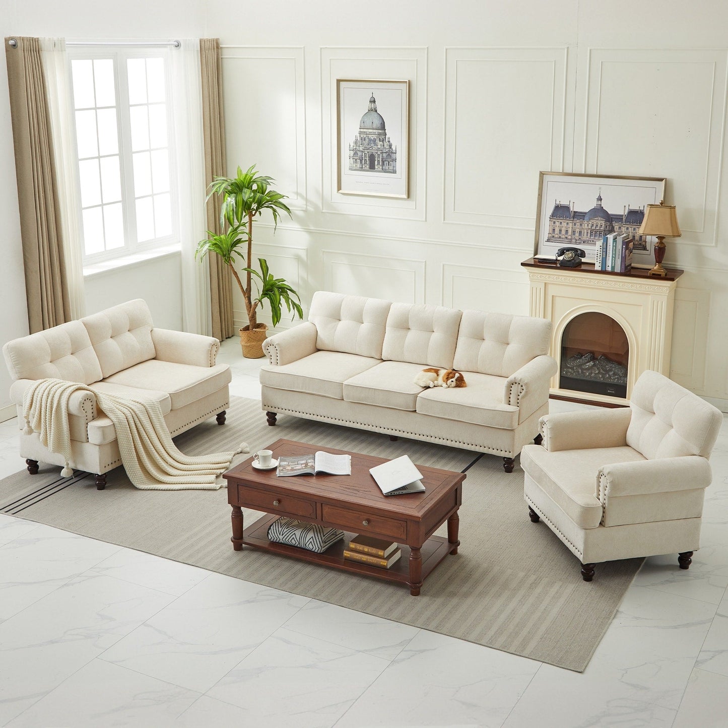 Ensemble de 3 canapés en chenille pour salon, capitonnés et cloutés, pieds en hévéa massif