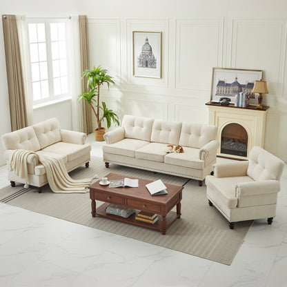 Ensemble de 3 canapés en chenille pour salon, capitonnés et cloutés, pieds en hévéa massif