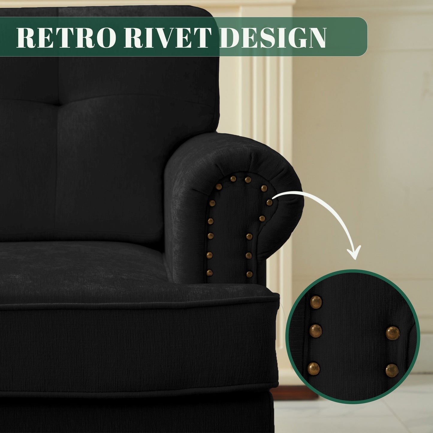 Ensemble de 3 canapés en chenille pour salon, capitonnés et cloutés, pieds en hévéa massif