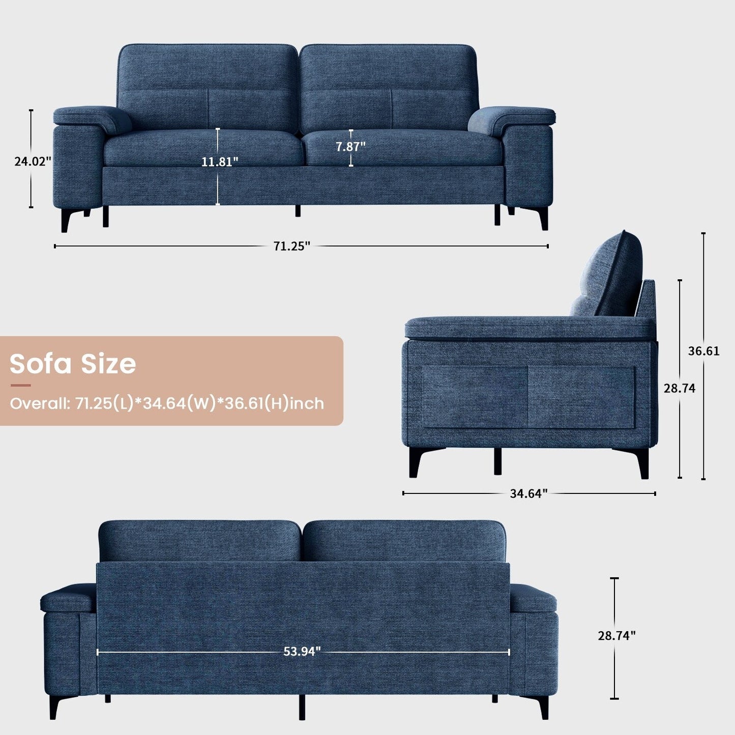 Canapé en chenille avec accoudoirs réglables et coussins extra épais