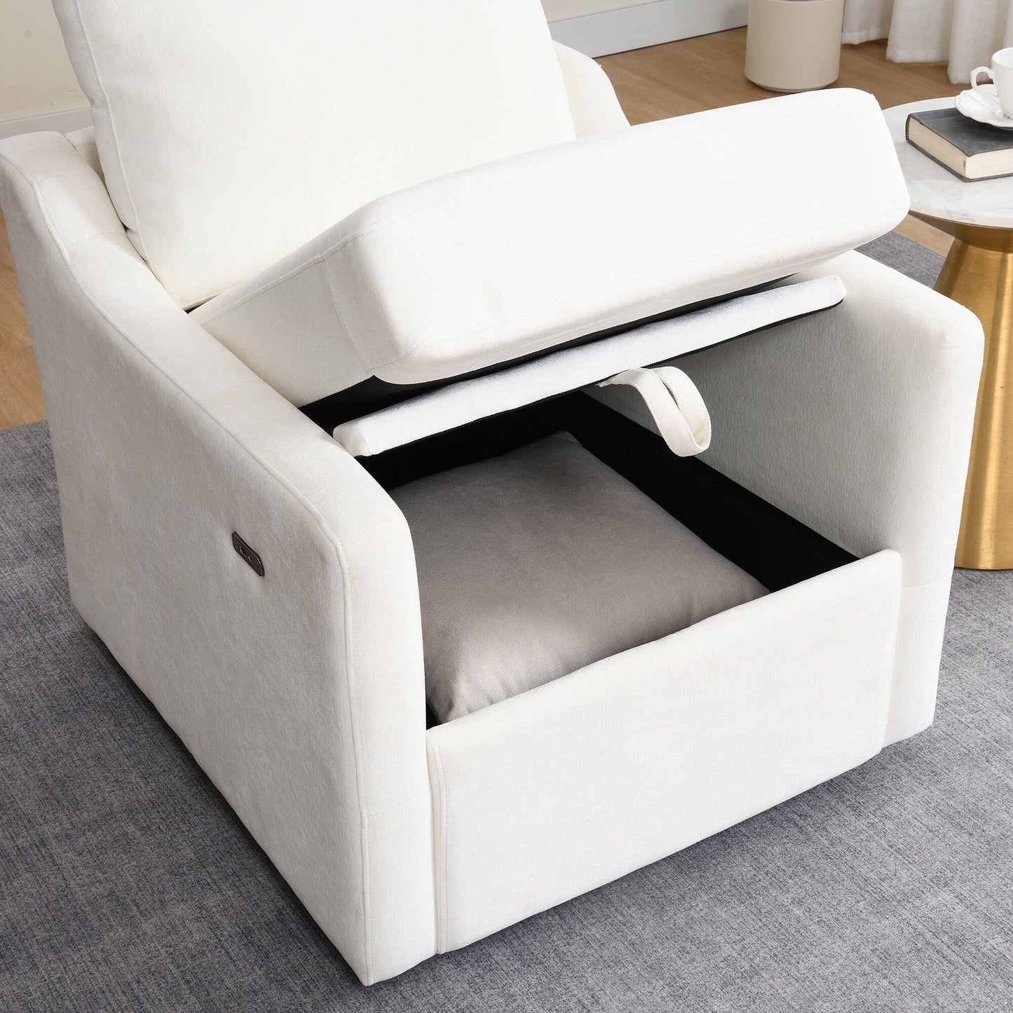 Fauteuil d'appoint pivotant en chenille - Fauteuil de chargement USB/Type-C avec poche pour livre pour salon et chambre