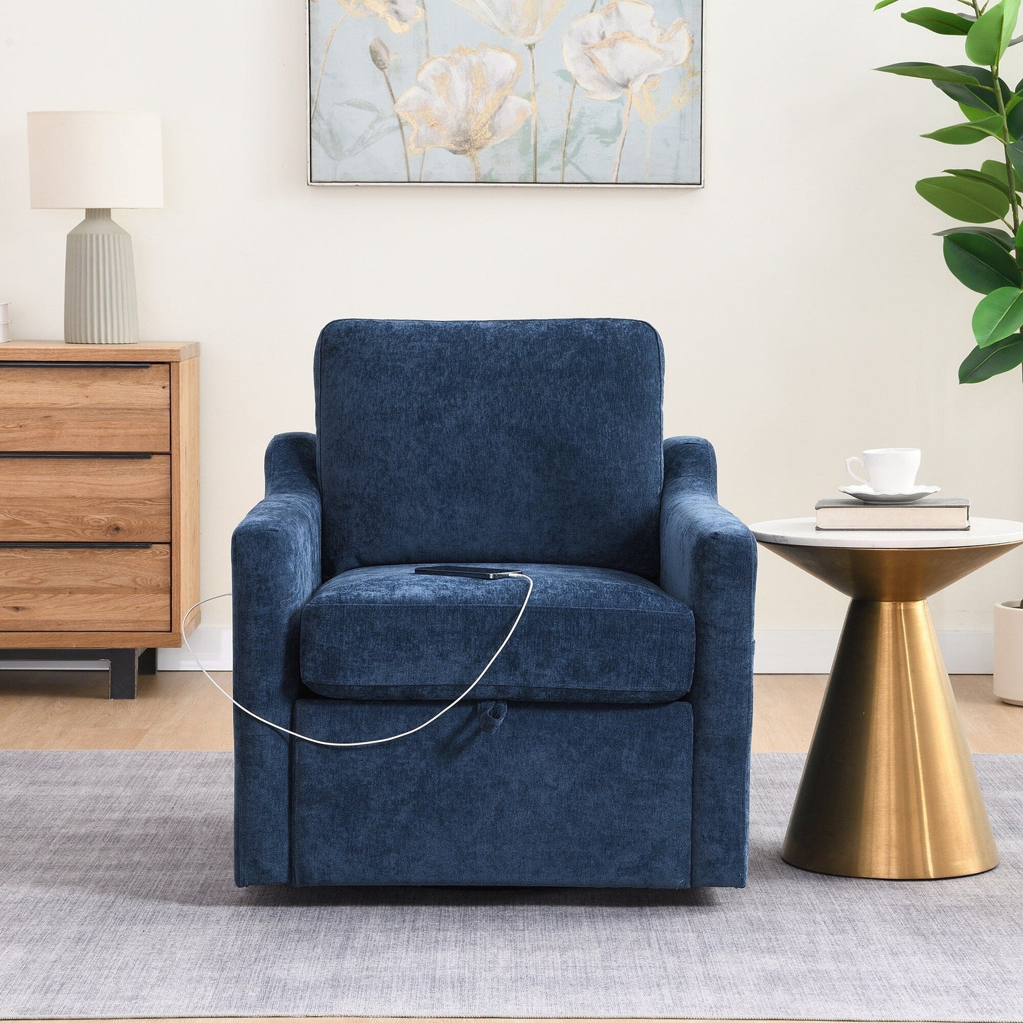 Fauteuil d'appoint pivotant en chenille - Fauteuil de chargement USB/Type-C avec poche pour livre pour salon et chambre