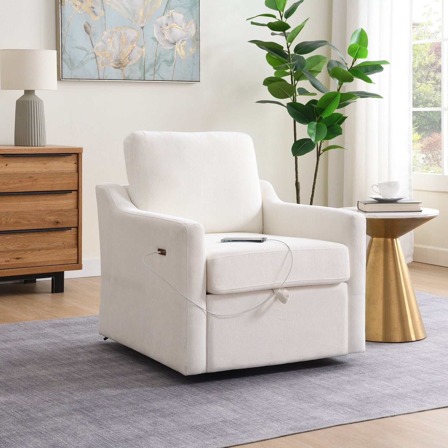 Fauteuil d'appoint pivotant en chenille - Fauteuil de chargement USB/Type-C avec poche pour livre pour salon et chambre