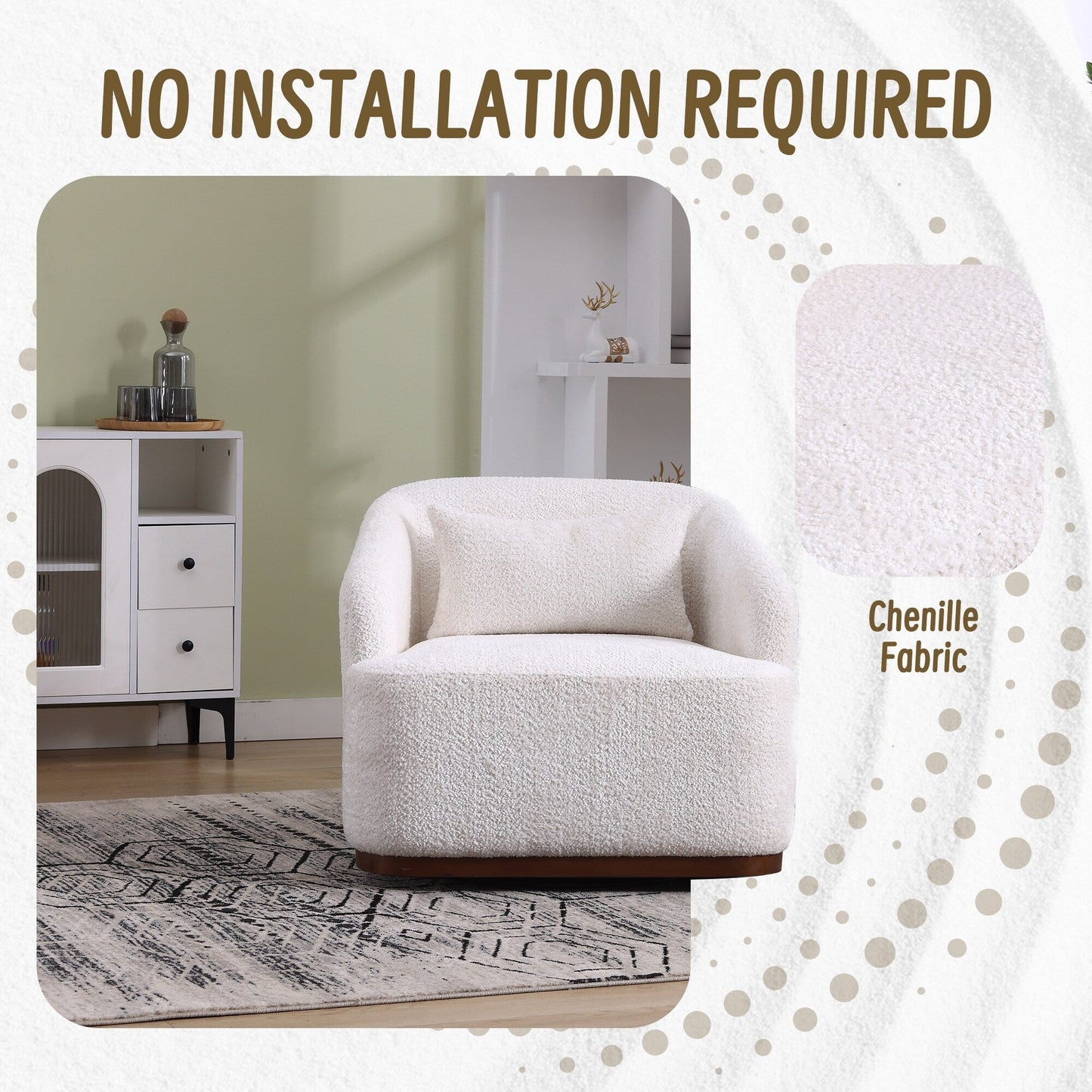 Fauteuil pivotant en chenille avec rotation à 360°, fauteuil d'appoint confortable pour salon, bureau ou salon