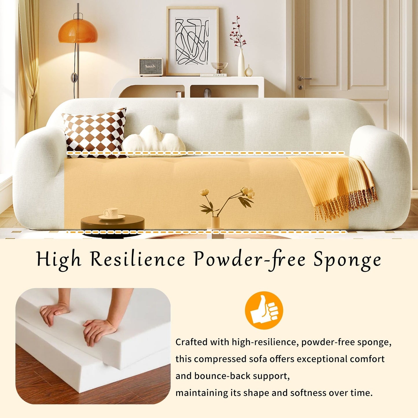 Canapé 3 places rembourré en chenille avec accoudoirs ronds, canapé de salon avec coussin capitonné, canapé futon entièrement en éponge compressée