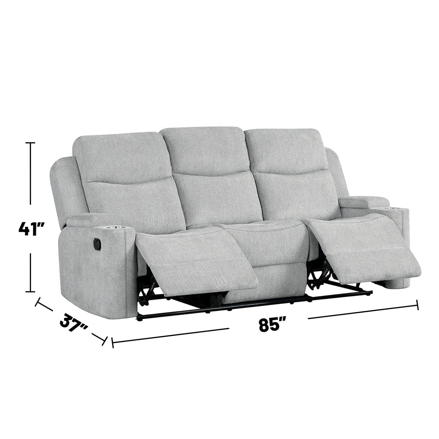 Canapé à mouvement manuel rembourré en chenille avec 2 porte-gobelets, gris clair