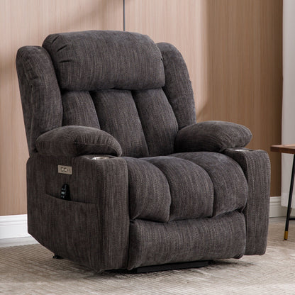 Fauteuil inclinable électrique rembourré en chenille avec massage par vibrations à 8 points, chauffage lombaire, ports USB et Type-C, porte-gobelets