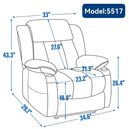 Fauteuil inclinable électrique rembourré en chenille avec massage par vibrations à 8 points, chauffage lombaire, ports USB et Type-C, porte-gobelets