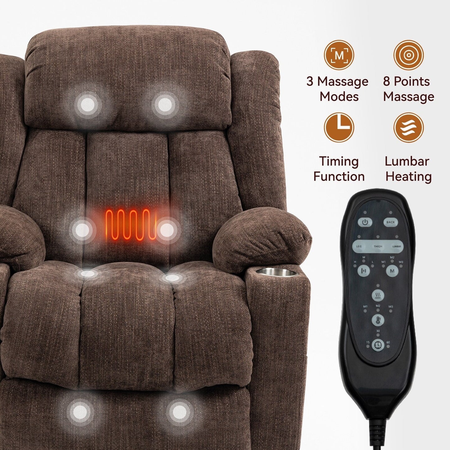 Fauteuil inclinable électrique rembourré en chenille avec massage par vibrations à 8 points, chauffage lombaire, ports USB et Type-C, porte-gobelets