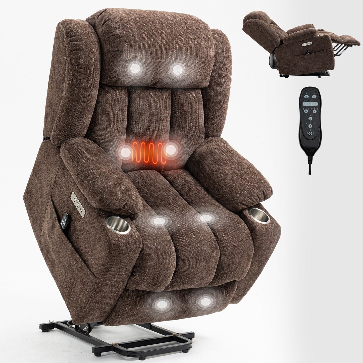 Fauteuil inclinable électrique rembourré en chenille avec massage par vibrations à 8 points, chauffage lombaire, ports USB et Type-C, porte-gobelets