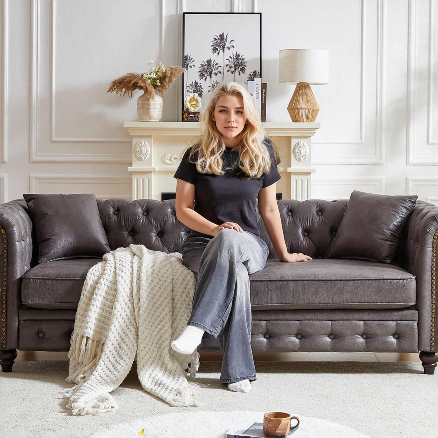 Canapé 3 places Chesterfield 85.5 en tissu technique avec coussins