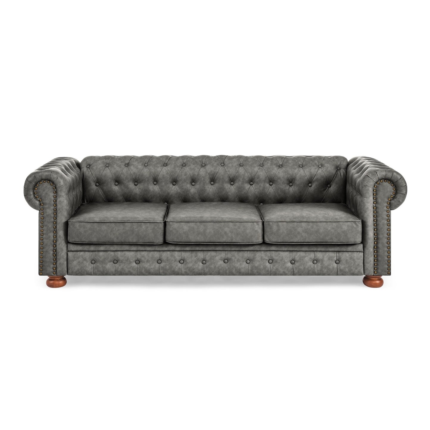 Canapé Chesterfield capitonné 3 places en PU avec accoudoirs à volutes et décoration cloutée